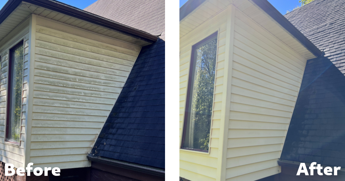 Before and after picture of dirty siding on a residential home cleaned after a soft wash.